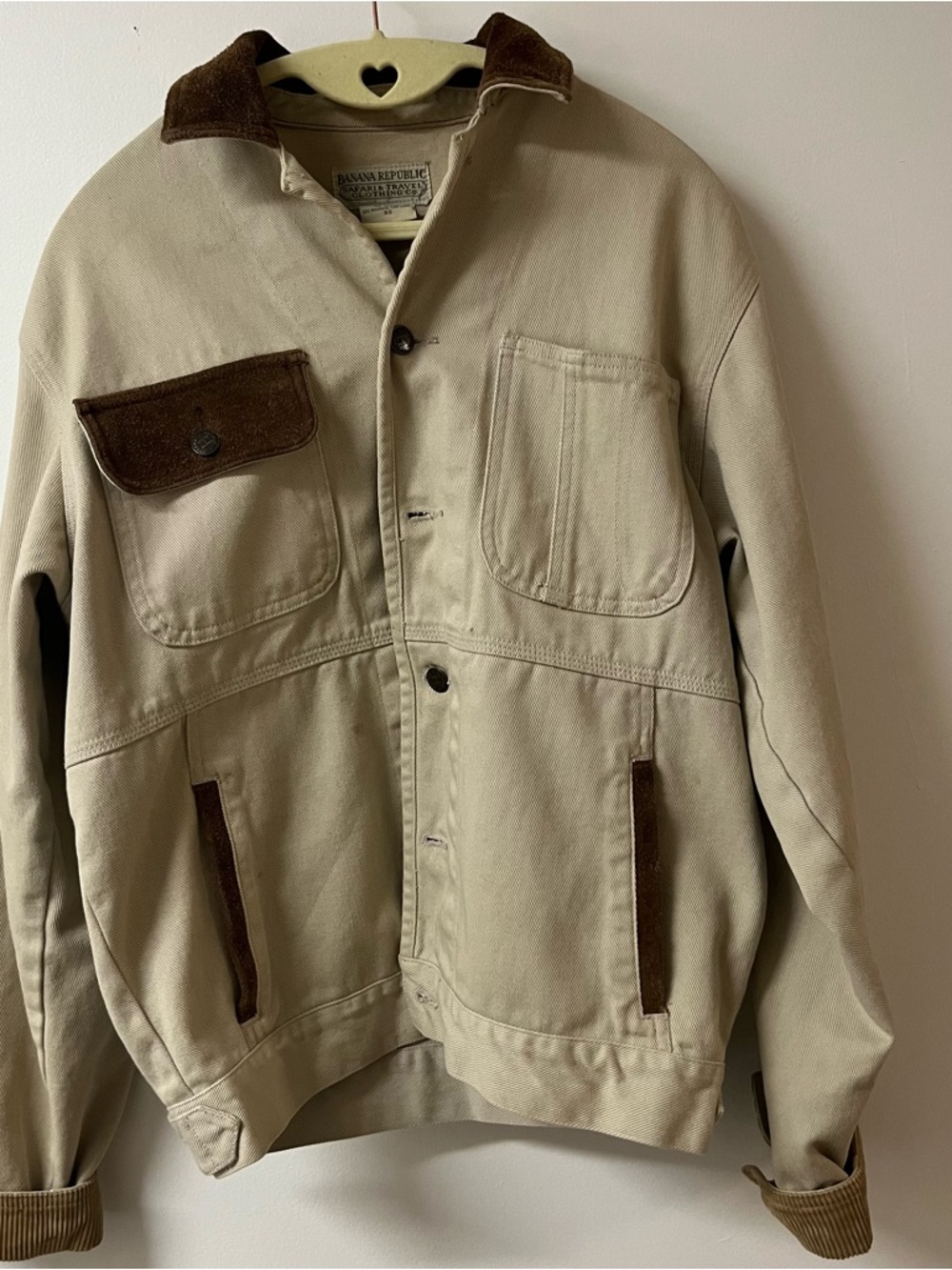 Banana Republic Beige Canvas Field Jacket with Brown Suede Trim